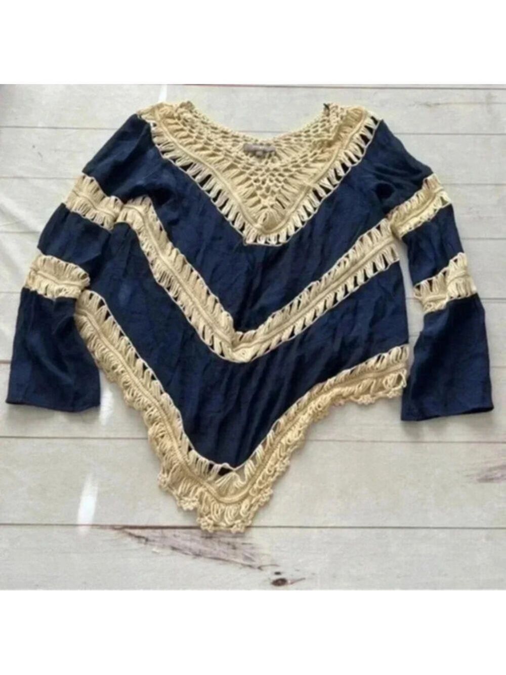 Umgee Long Sleeve Boho Crochet Sheer Top Navy Blue Size L Bohemian